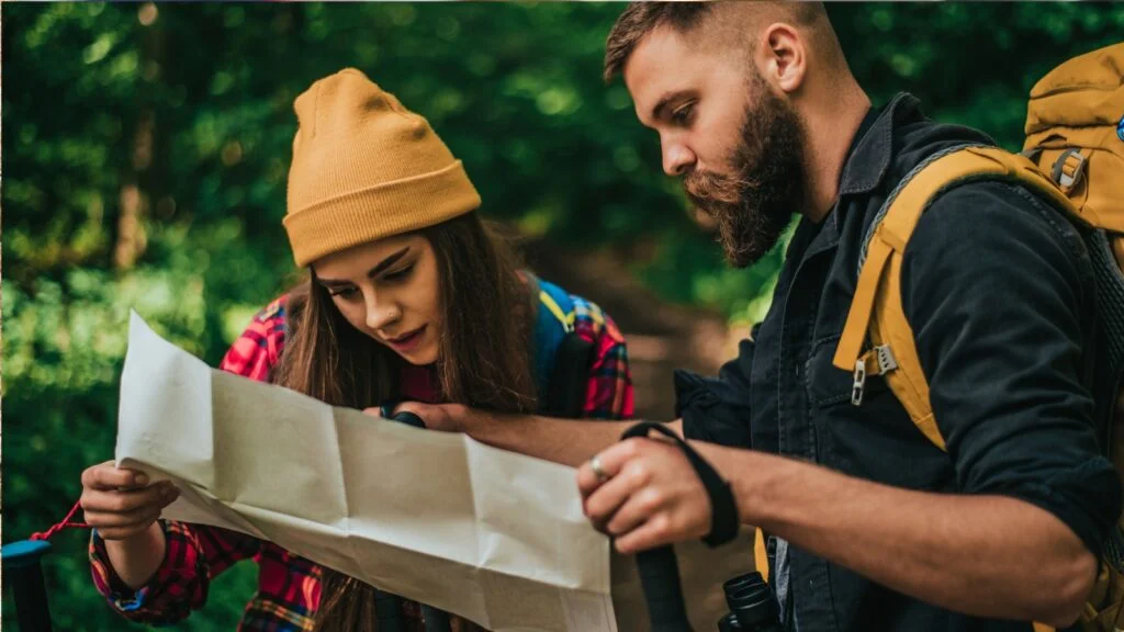 a young couple looking at a map