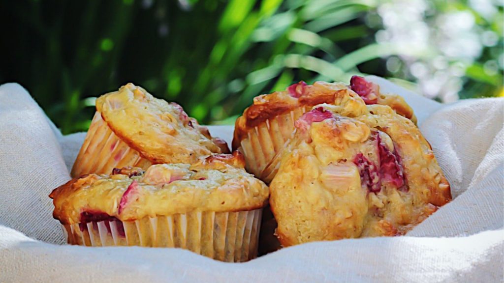 Strawberry Yogurt Oatmeal Rhubarb Muffins