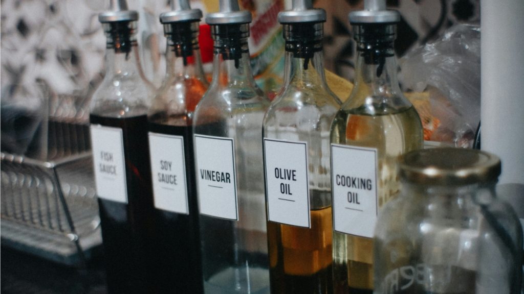 Cooking oils on a cupboard
